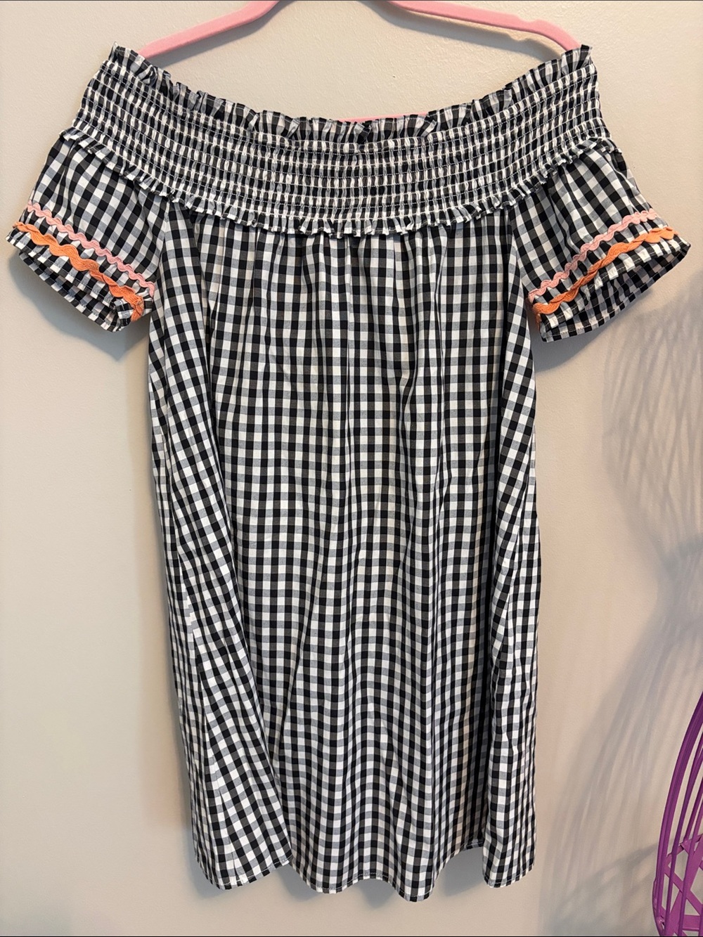 Philosophy Black & White Gingham Off-Shoulder Dress with Pink and Orange Trim